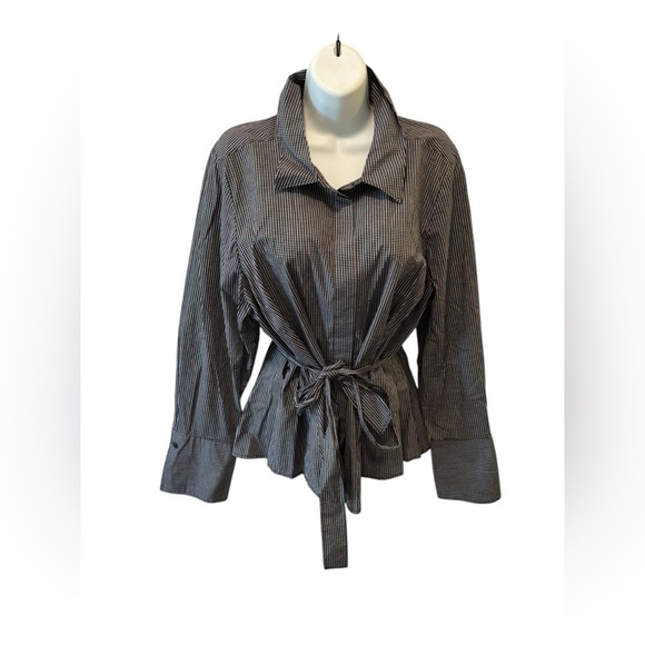 Lane Bryant Small Check Tunic Blouse Sz 22/2X Belted Long Sleeve Black White - Picture 1 of 7